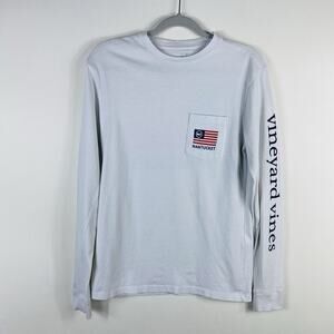 Vineyard Vines T-Shirt Men's XS White Nantucket American Flag Whale Long Sleeve